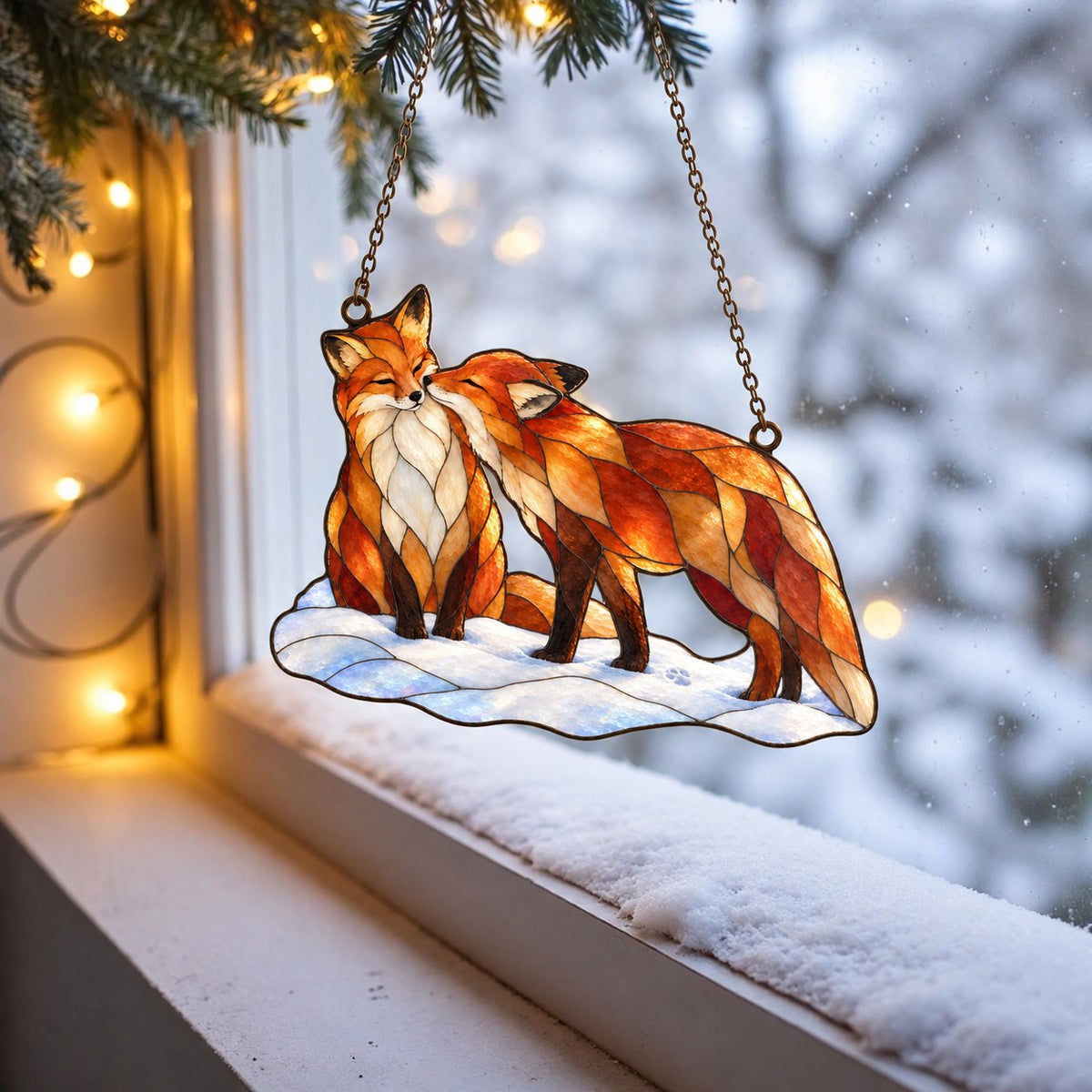 Snuggling Fox Couple in the Snow Holographic Acrylic Suncatcher