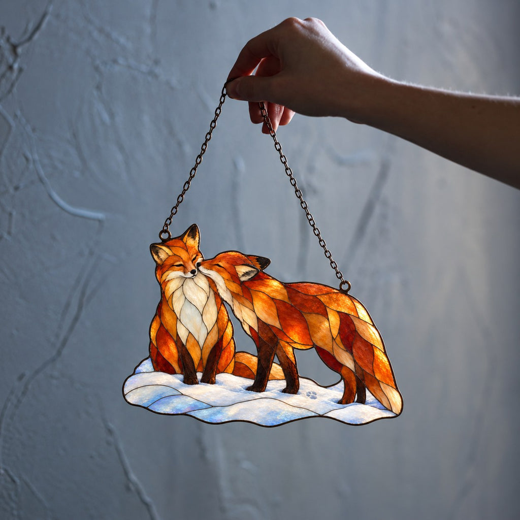 Snuggling Fox Couple in the Snow Holographic Acrylic Suncatcher