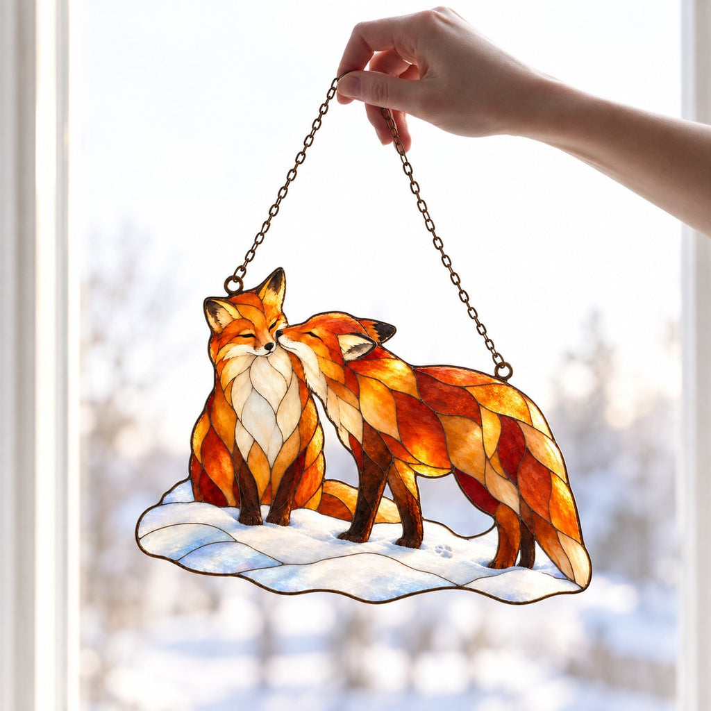 Snuggling Fox Couple in the Snow Holographic Acrylic Suncatcher