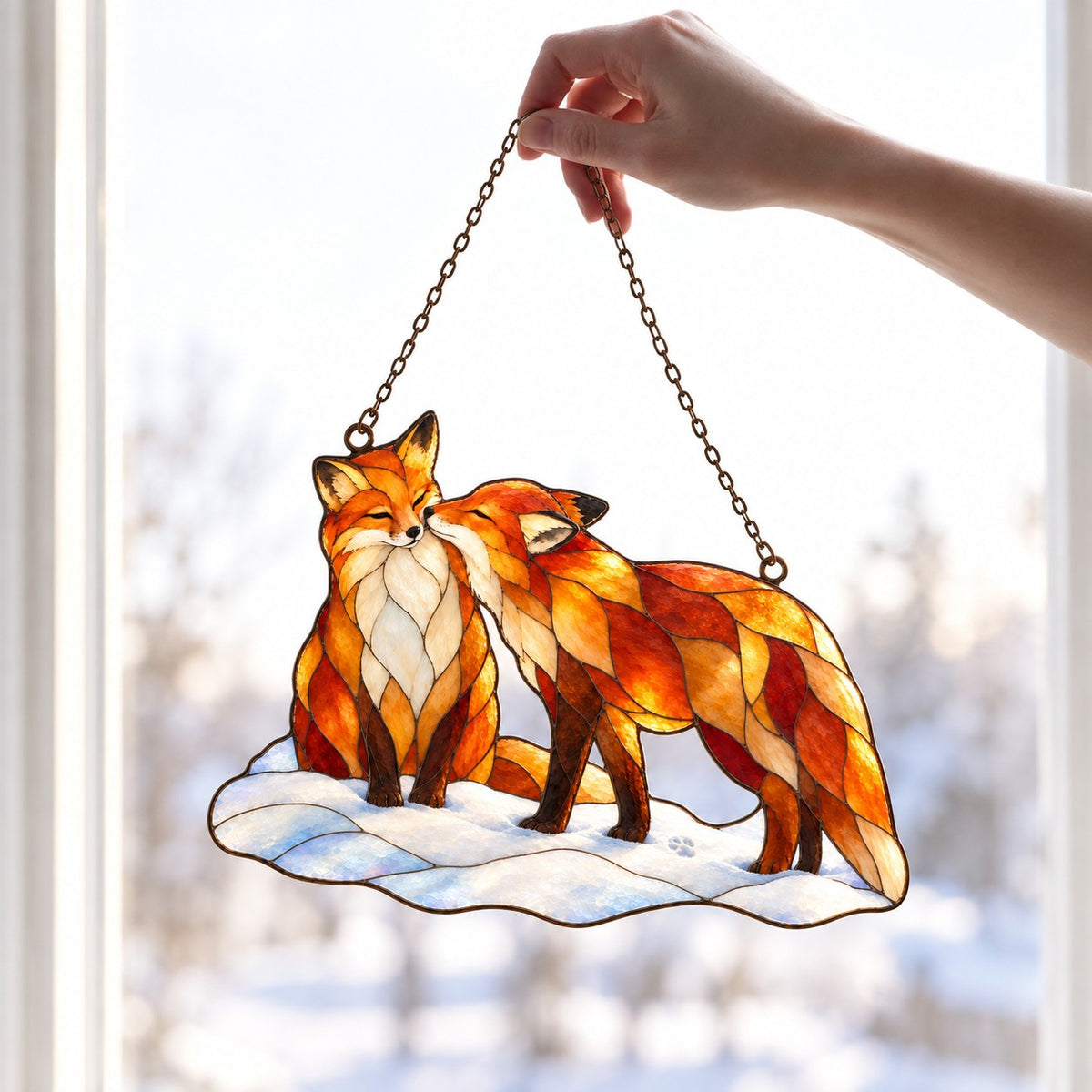 Personalized Fox Couple Our First Christmas Holographic Acrylic Suncatcher
