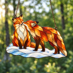 Snuggling Fox Couple in the Snow Holographic Acrylic Suncatcher