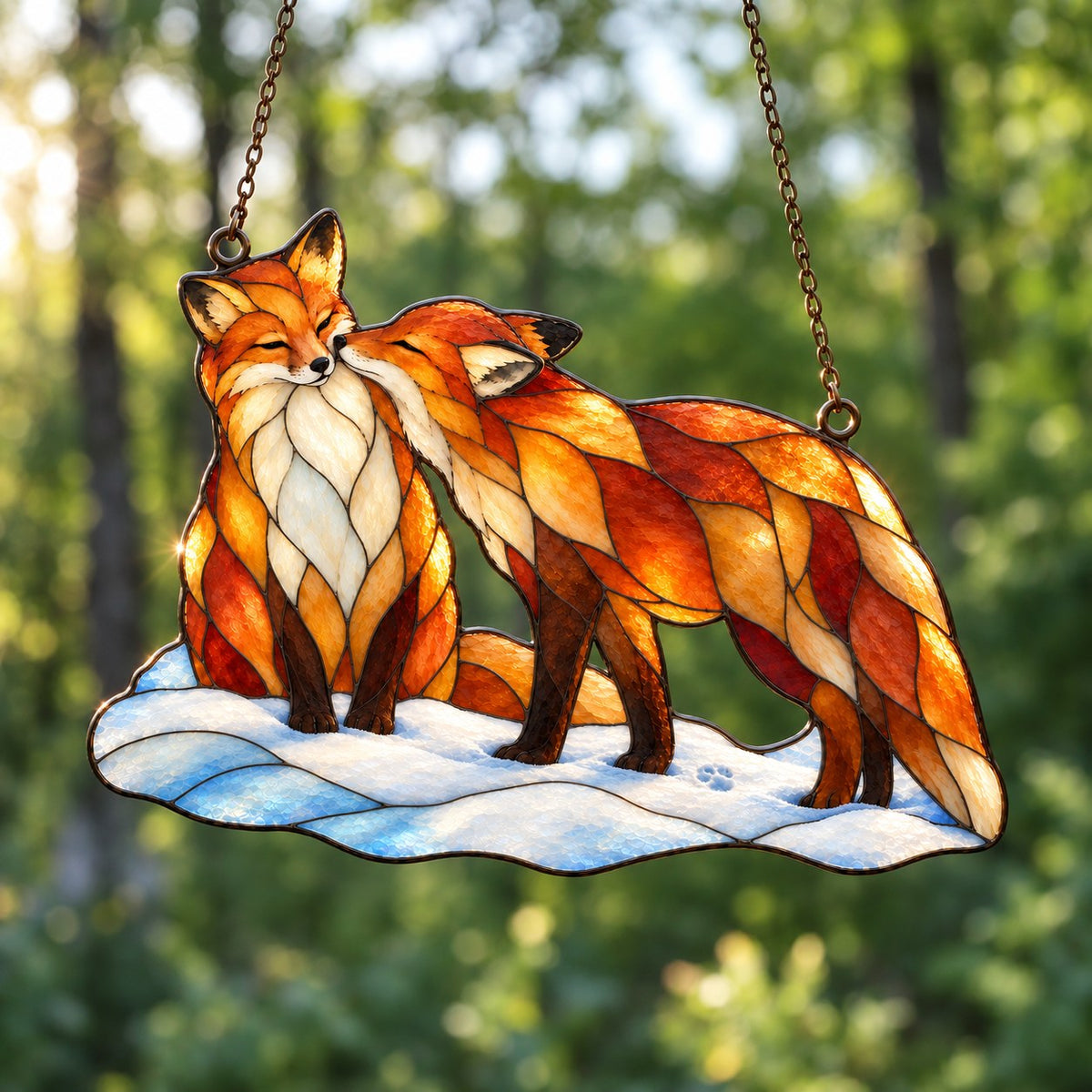 Snuggling Fox Couple in the Snow Holographic Acrylic Suncatcher