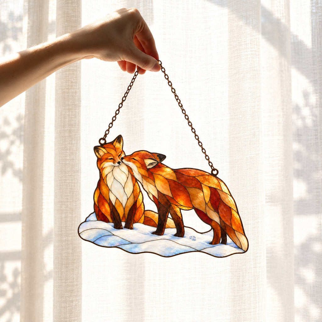 Snuggling Fox Couple in the Snow Holographic Acrylic Suncatcher