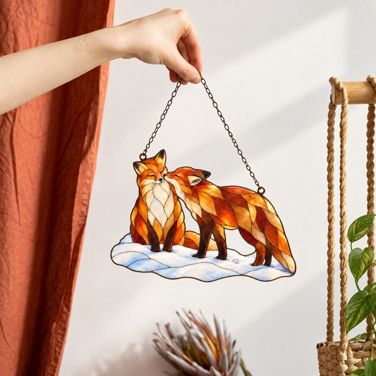 Snuggling Fox Couple in the Snow Holographic Acrylic Suncatcher