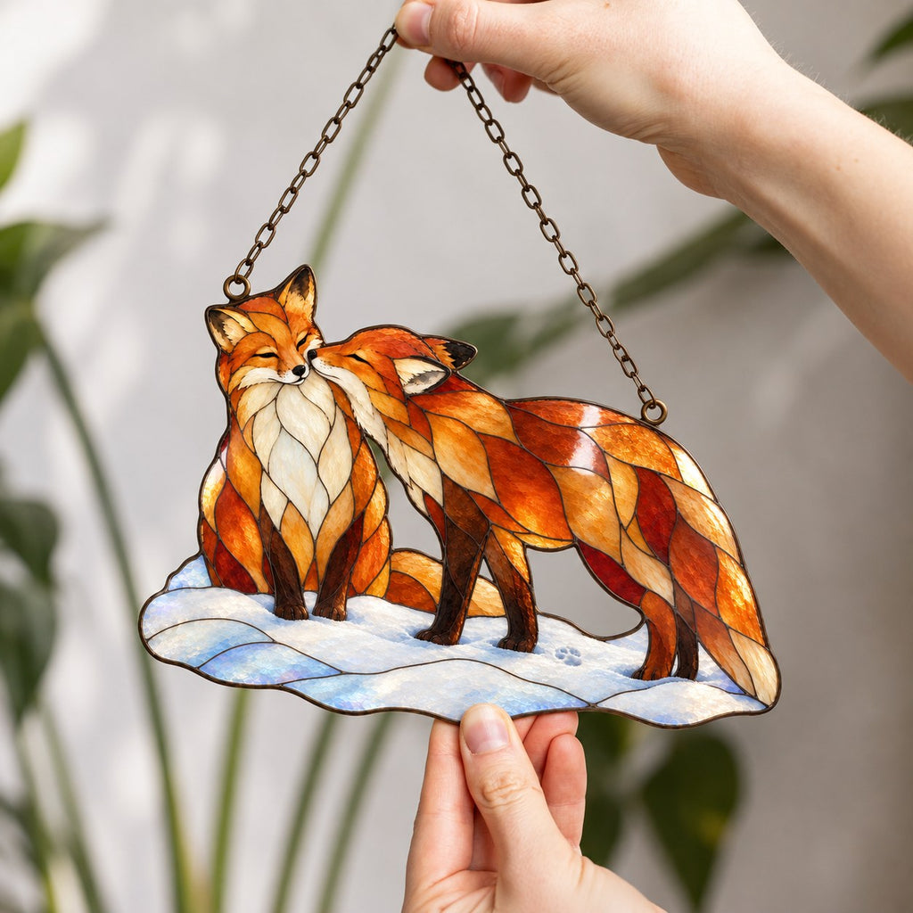 Snuggling Fox Couple in the Snow Holographic Acrylic Suncatcher