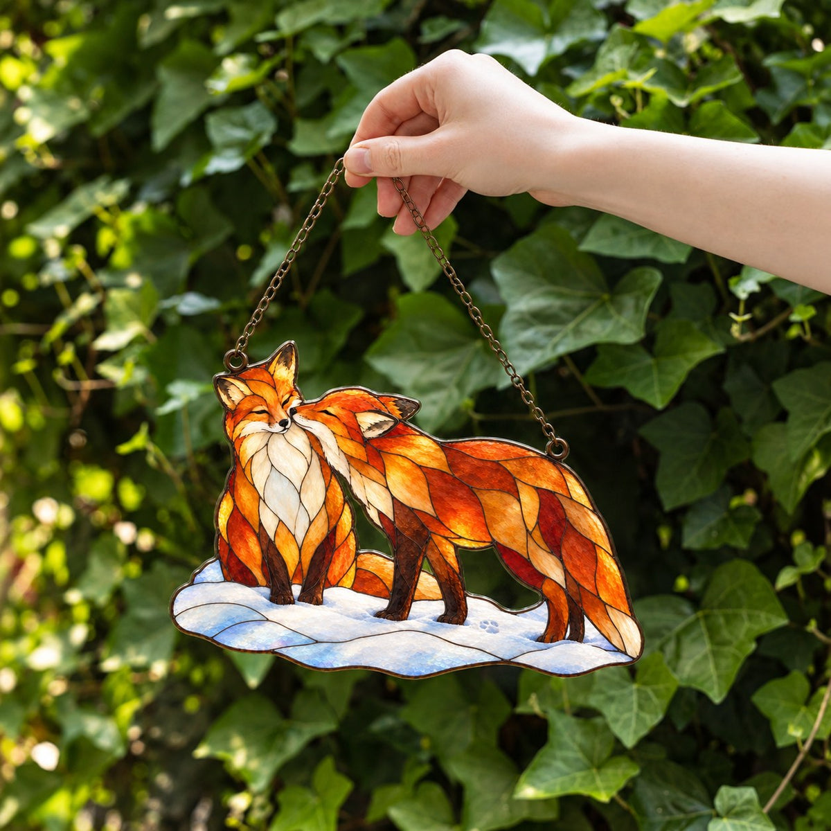 Snuggling Fox Couple in the Snow Holographic Acrylic Suncatcher
