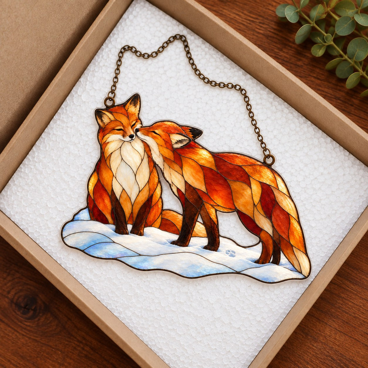 Snuggling Fox Couple in the Snow Holographic Acrylic Suncatcher