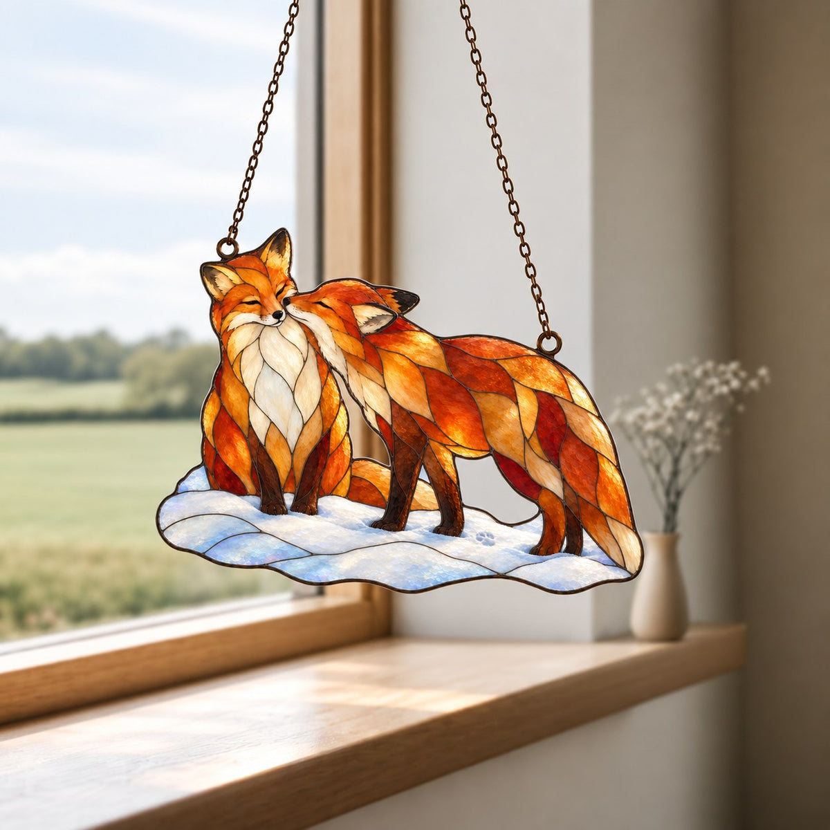 Snuggling Fox Couple in the Snow Holographic Acrylic Suncatcher