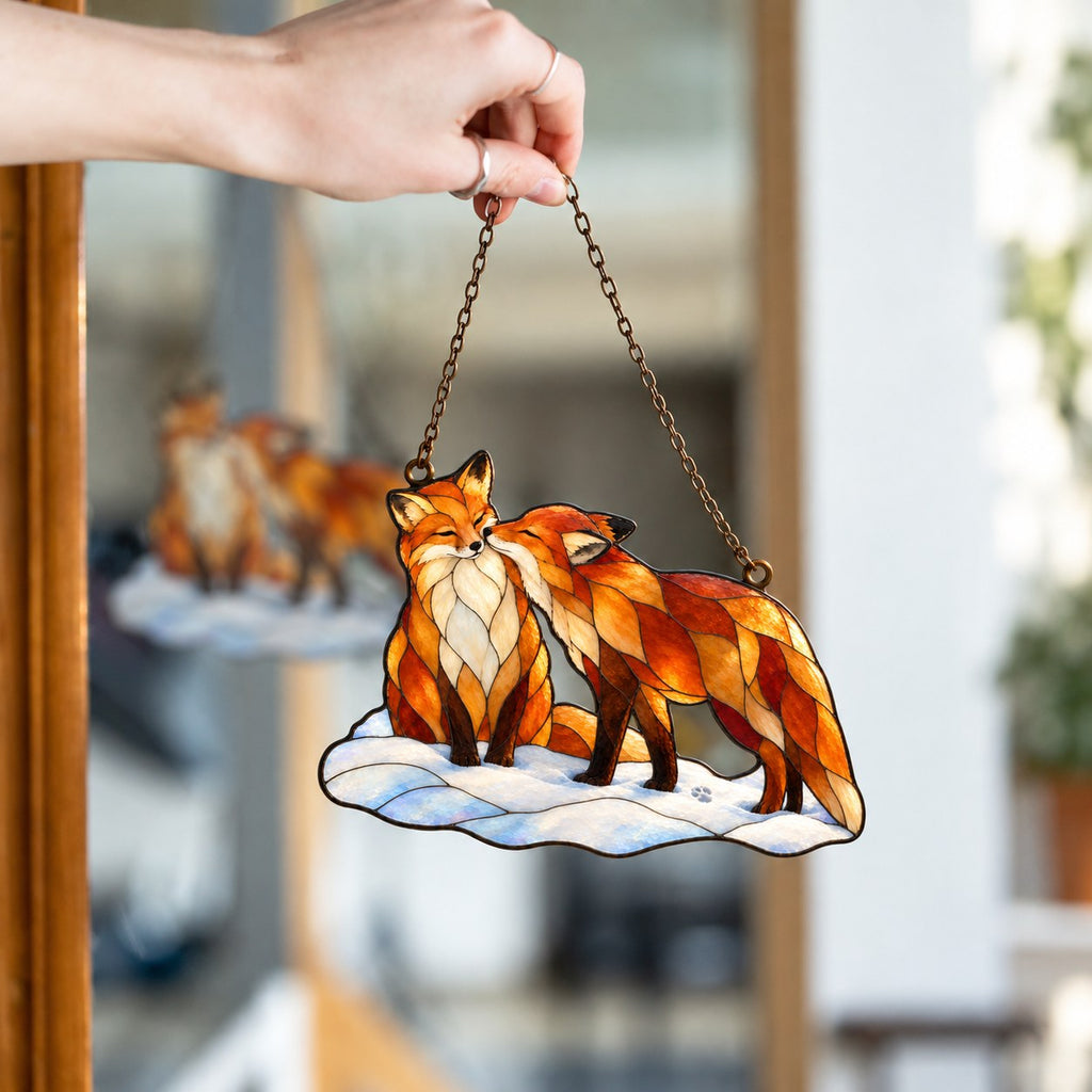 Snuggling Fox Couple in the Snow Holographic Acrylic Suncatcher