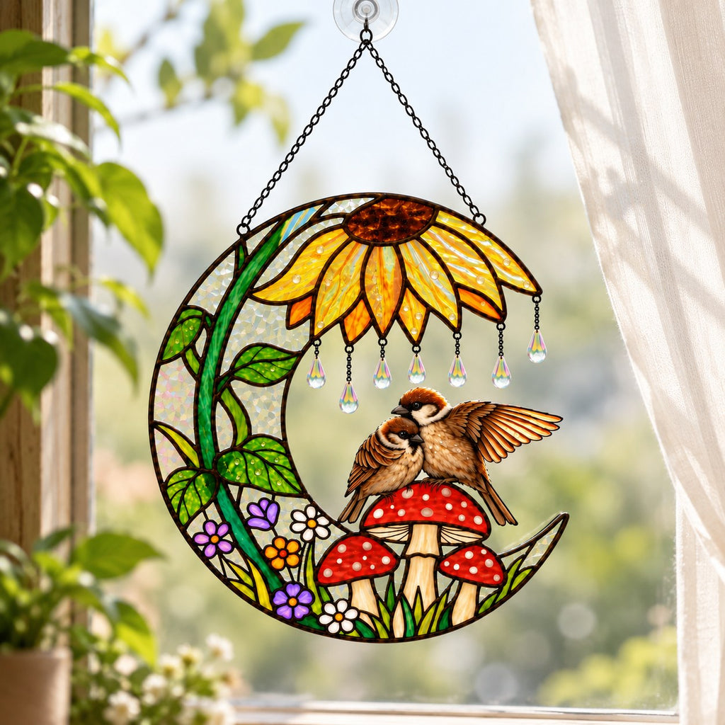 Sparrow Couple Sunflower Umbrella Crescent Moon Holographic Acrylic Suncatcher