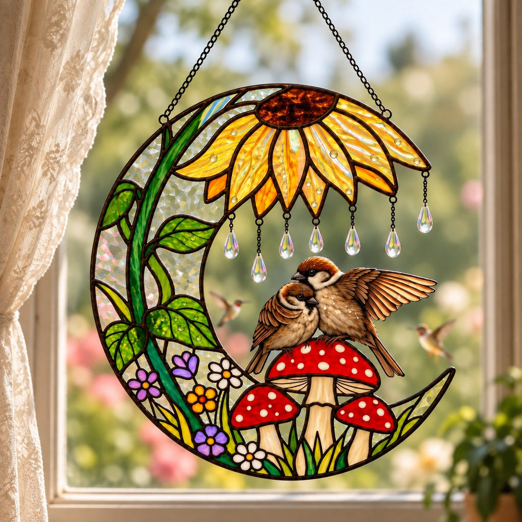 Sparrow Couple Sunflower Umbrella Crescent Moon Holographic Acrylic Suncatcher