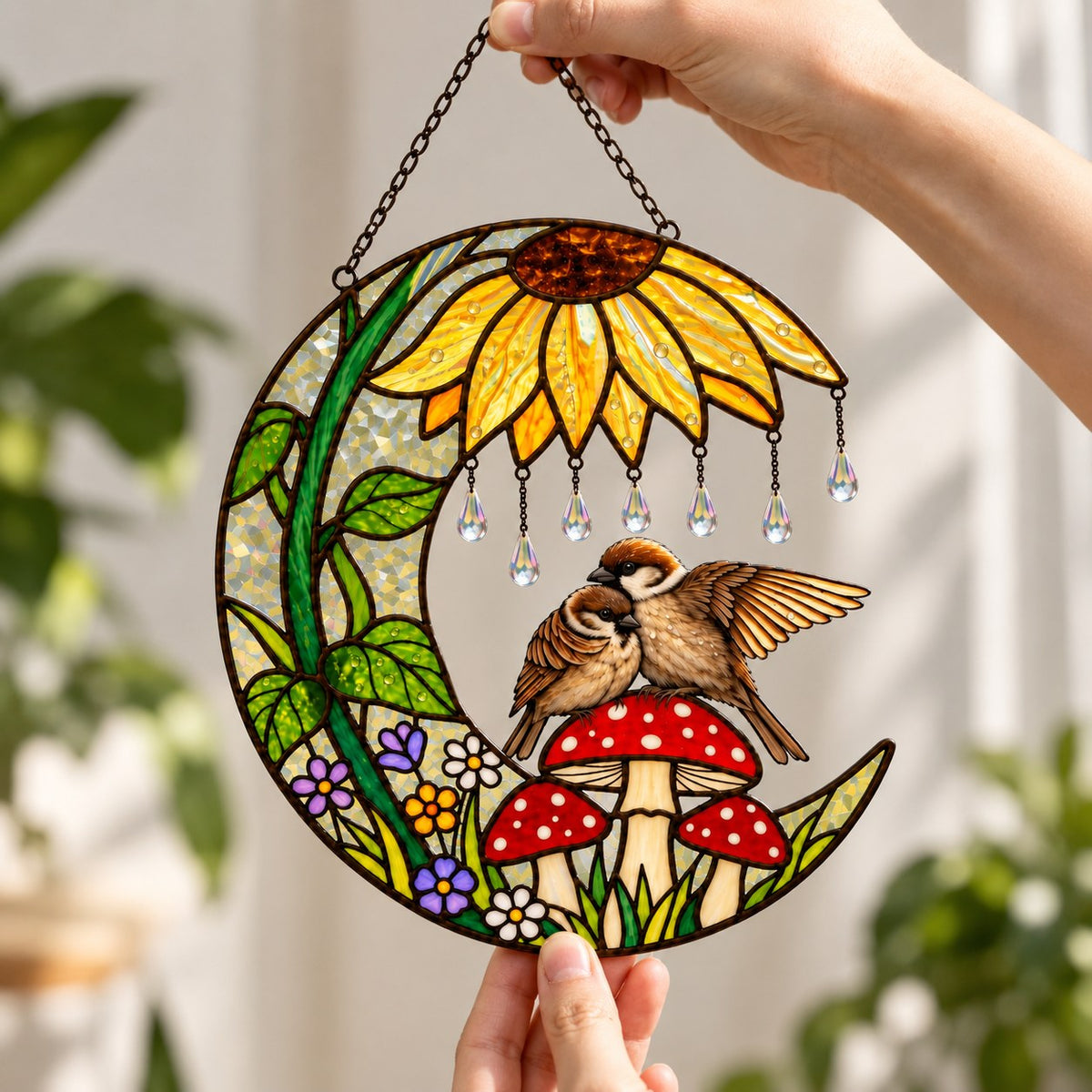Sparrow Couple Sunflower Umbrella Crescent Moon Holographic Acrylic Suncatcher