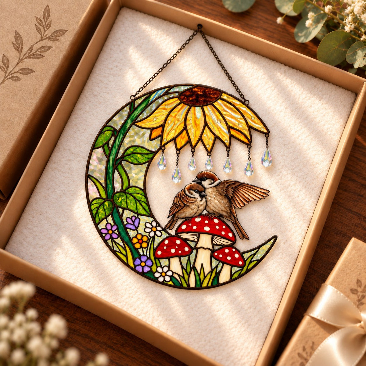 Sparrow Couple Sunflower Umbrella Crescent Moon Holographic Acrylic Suncatcher