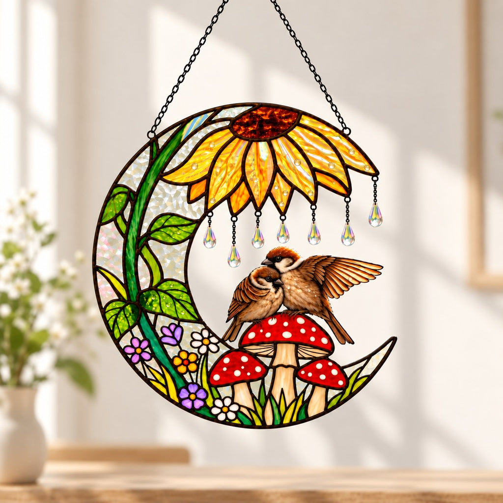 Sparrow Couple Sunflower Umbrella Crescent Moon Holographic Acrylic Suncatcher