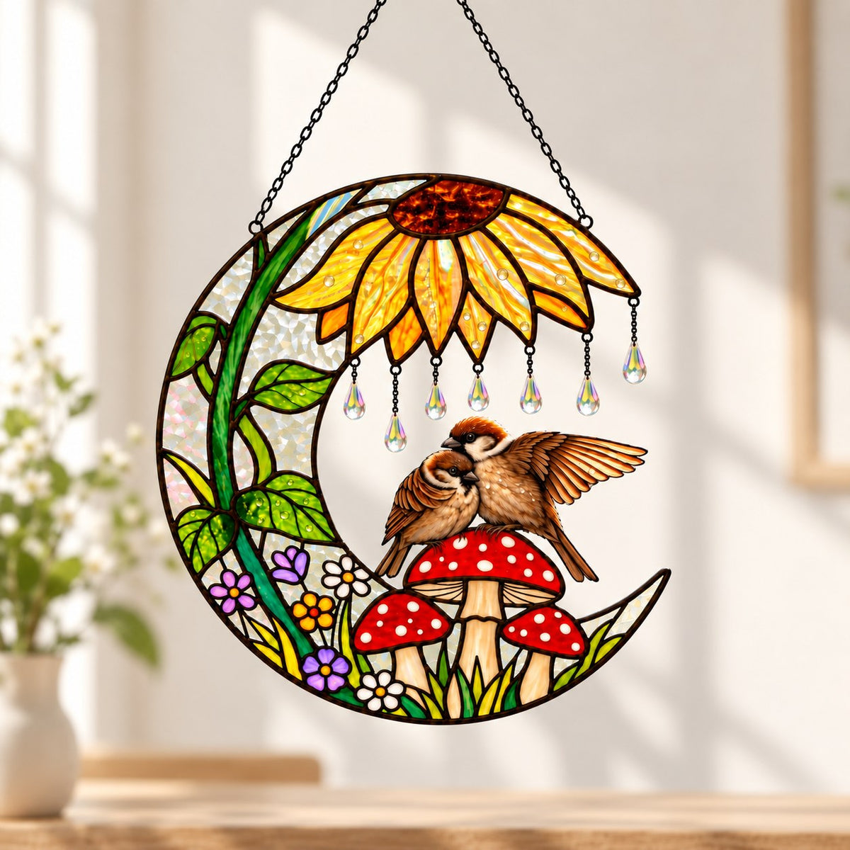 Sparrow Couple Sunflower Umbrella Crescent Moon Holographic Acrylic Suncatcher