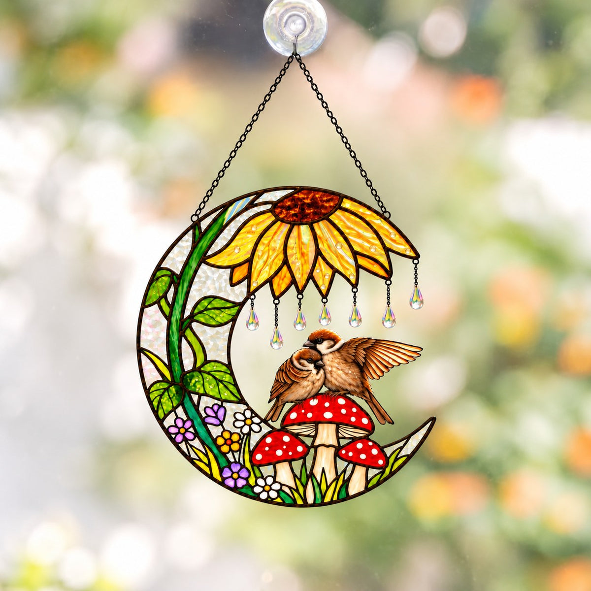 Sparrow Couple Sunflower Umbrella Crescent Moon Holographic Acrylic Suncatcher