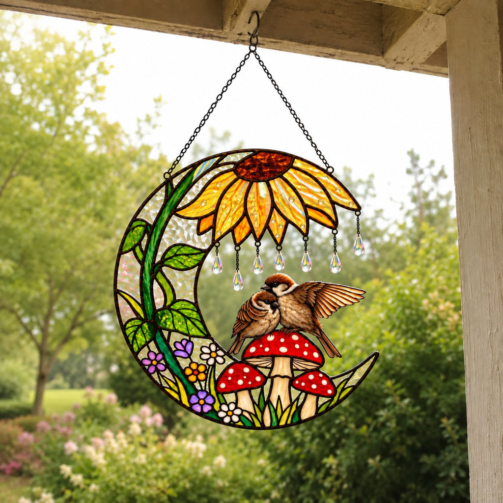 Sparrow Couple Sunflower Umbrella Crescent Moon Holographic Acrylic Suncatcher