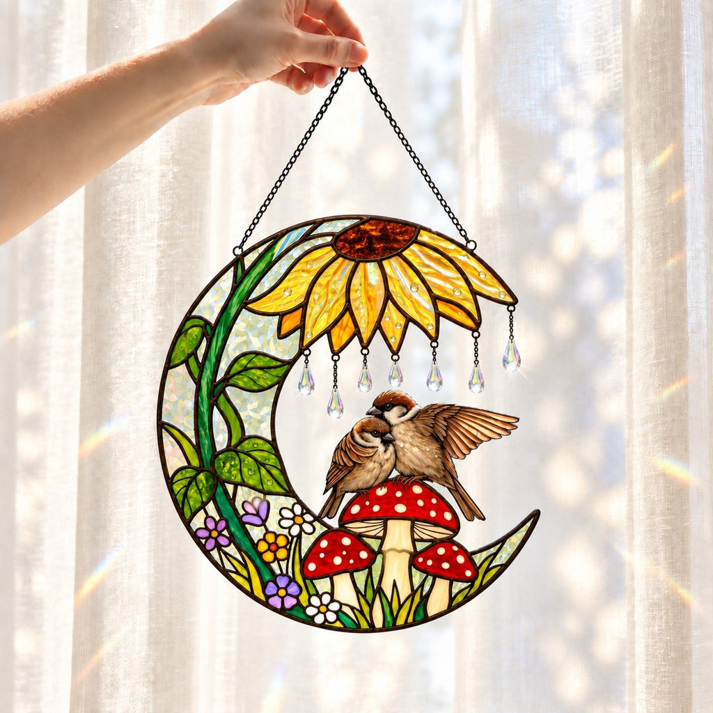 Sparrow Couple Sunflower Umbrella Crescent Moon Holographic Acrylic Suncatcher