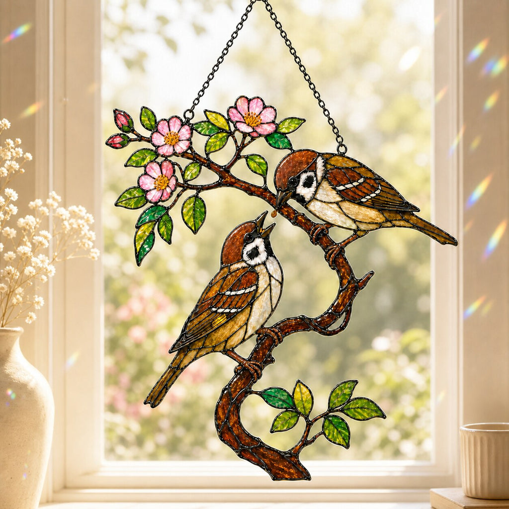 Sparrow Pair on Spring Blossom Branch Holographic Acrylic Suncatcher