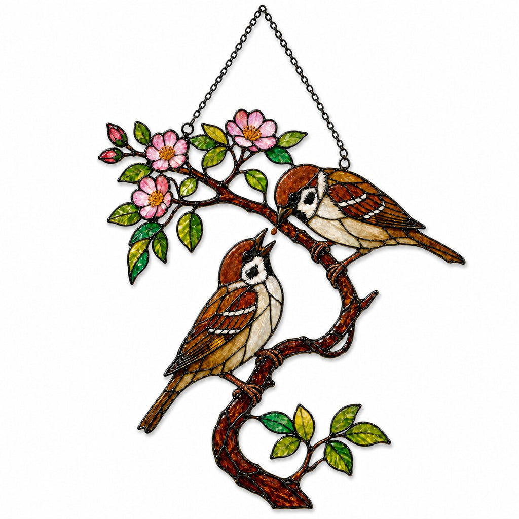Sparrow Pair on Spring Blossom Branch Holographic Acrylic Suncatcher
