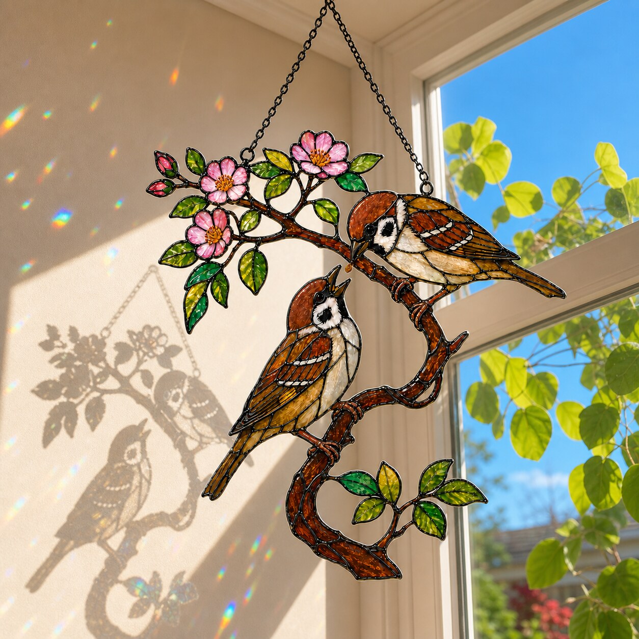 Sparrow Pair on Spring Blossom Branch Holographic Acrylic Suncatcher