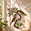 Sparrow Pair on Spring Blossom Branch Holographic Acrylic Suncatcher