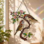 Sparrow Pair on Spring Blossom Branch Holographic Acrylic Suncatcher