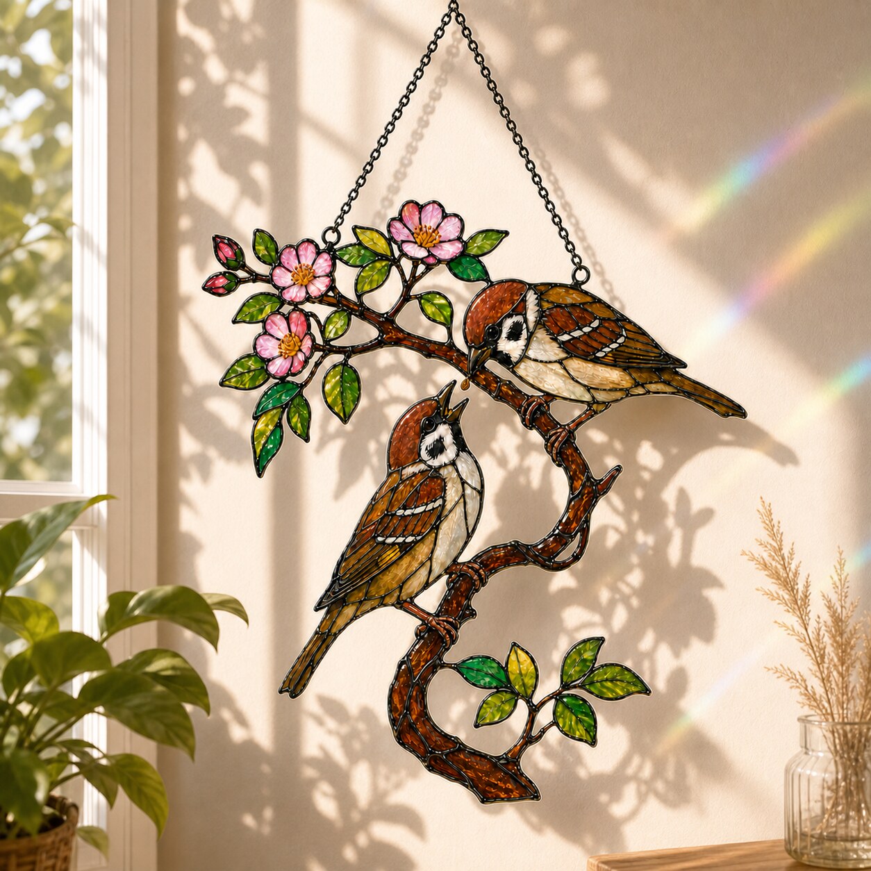 Sparrow Pair on Spring Blossom Branch Holographic Acrylic Suncatcher