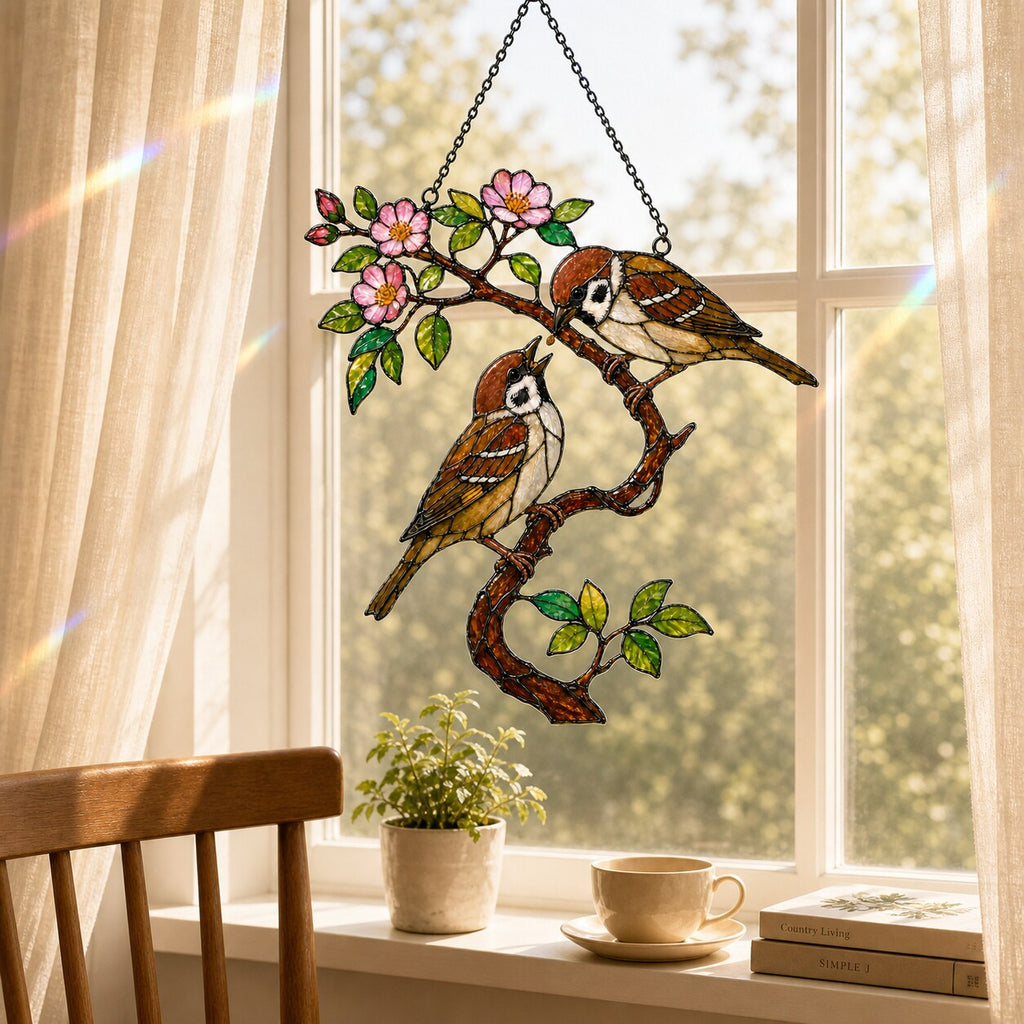 Sparrow Pair on Spring Blossom Branch Holographic Acrylic Suncatcher