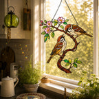 Sparrow Pair on Spring Blossom Branch Holographic Acrylic Suncatcher