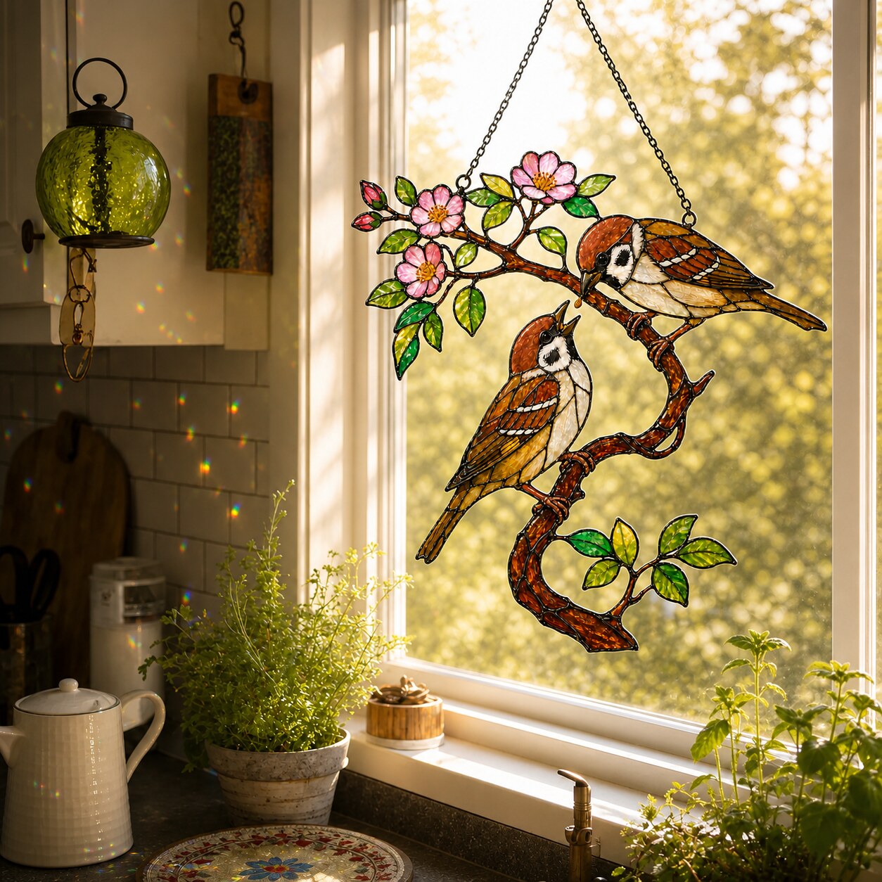 Sparrow Pair on Spring Blossom Branch Holographic Acrylic Suncatcher