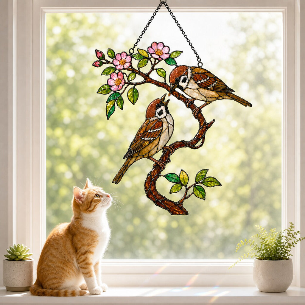 Sparrow Pair on Spring Blossom Branch Holographic Acrylic Suncatcher