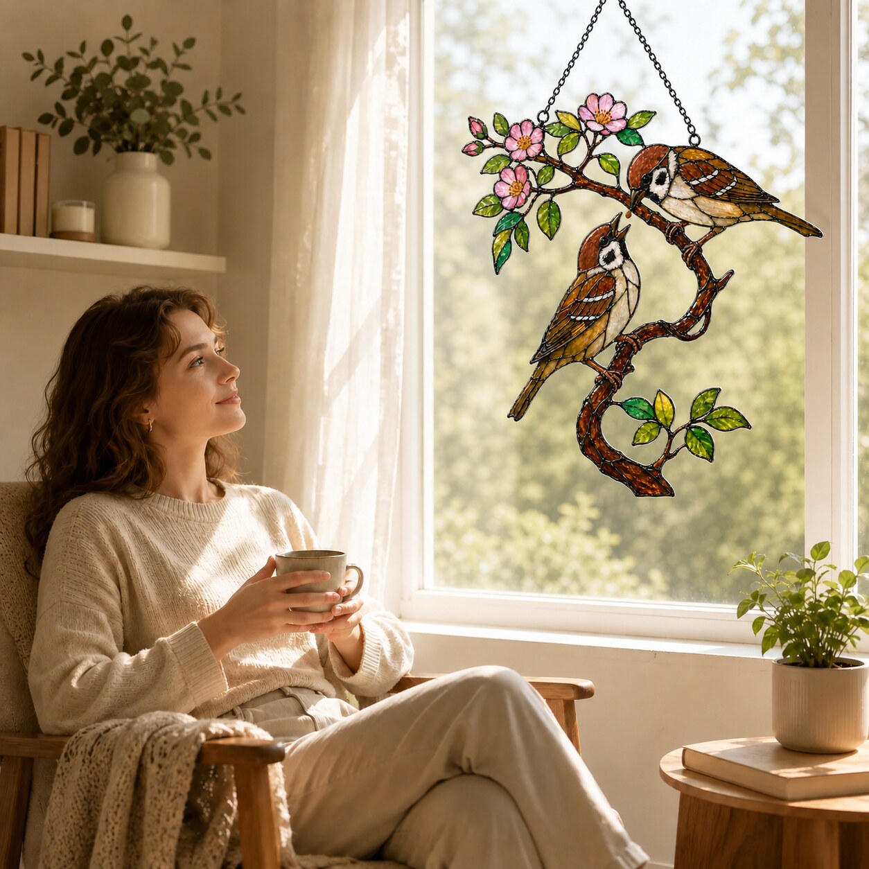 Sparrow Pair on Spring Blossom Branch Holographic Acrylic Suncatcher