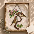 Sparrow Pair on Spring Blossom Branch Holographic Acrylic Suncatcher