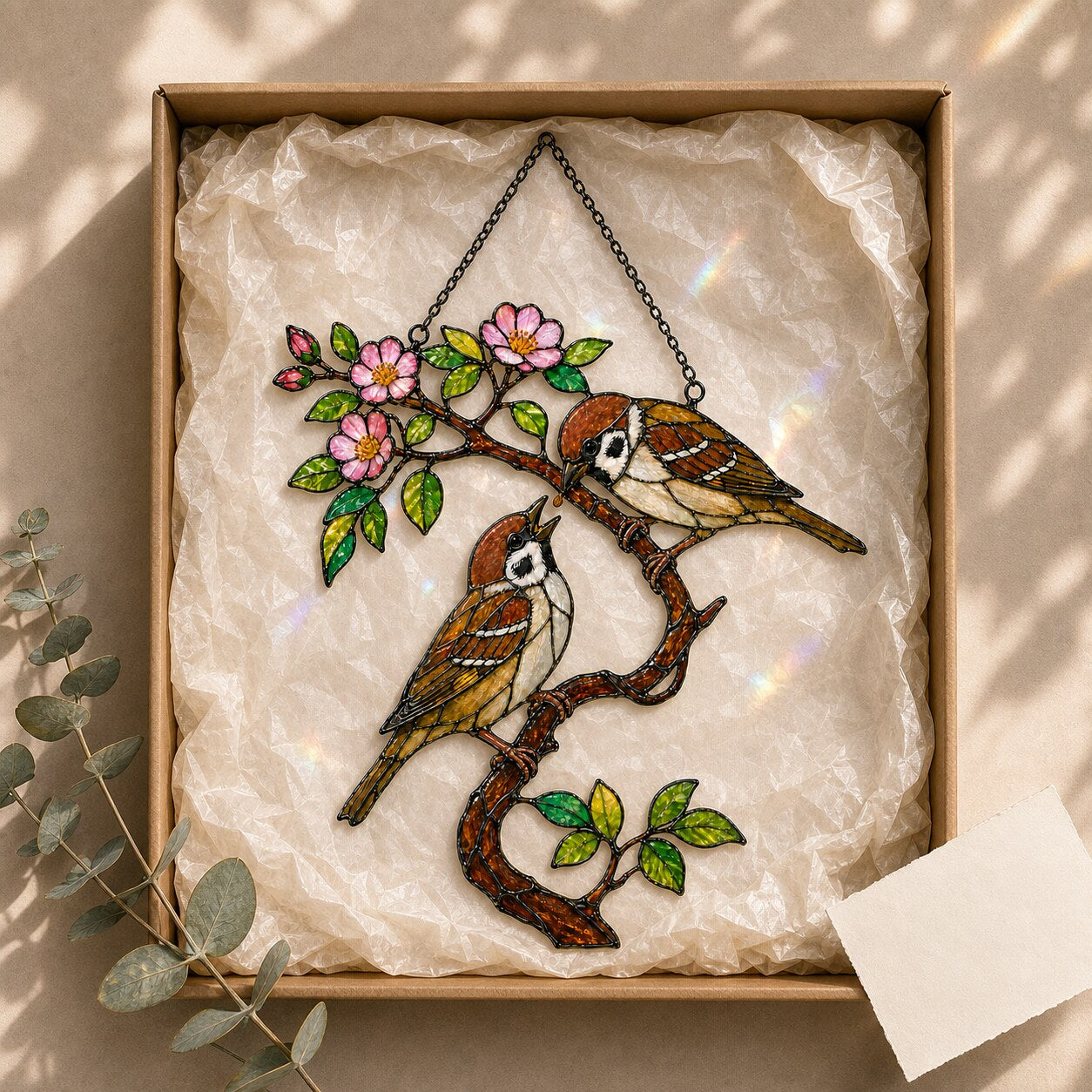 Sparrow Pair on Spring Blossom Branch Holographic Acrylic Suncatcher