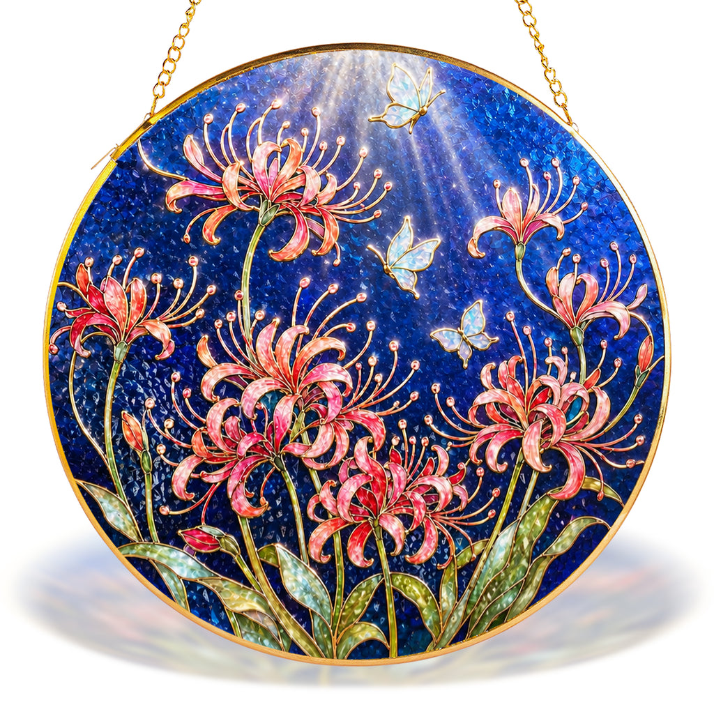 Pink spider lily butterfly gold frame suncatcher in a sunny window