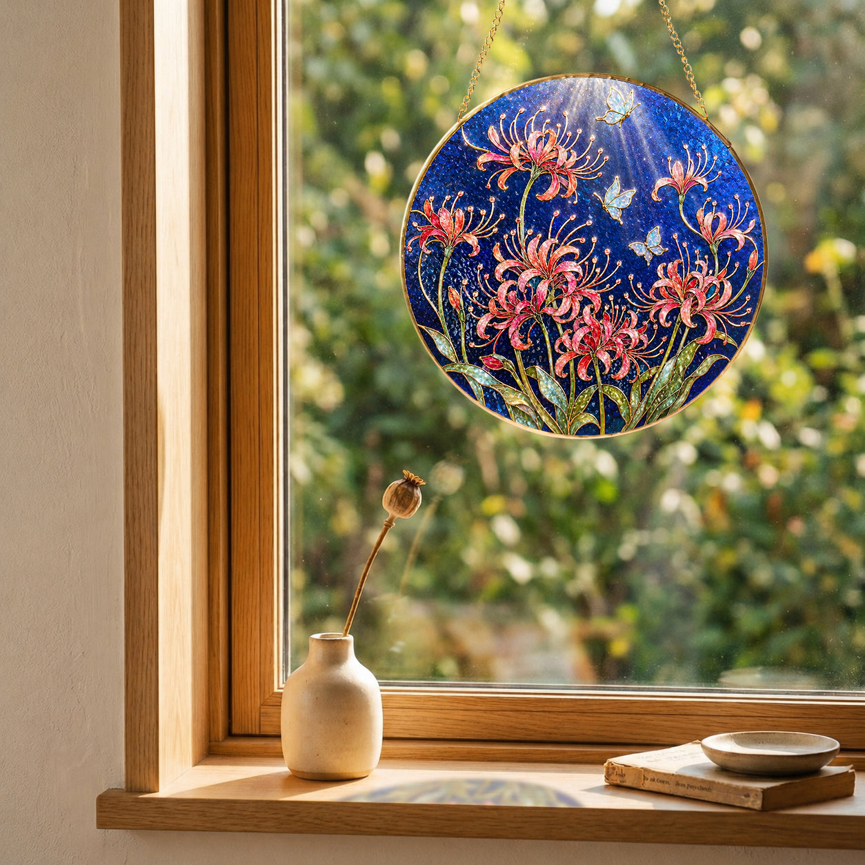 Spider lily butterfly suncatcher in a bright window