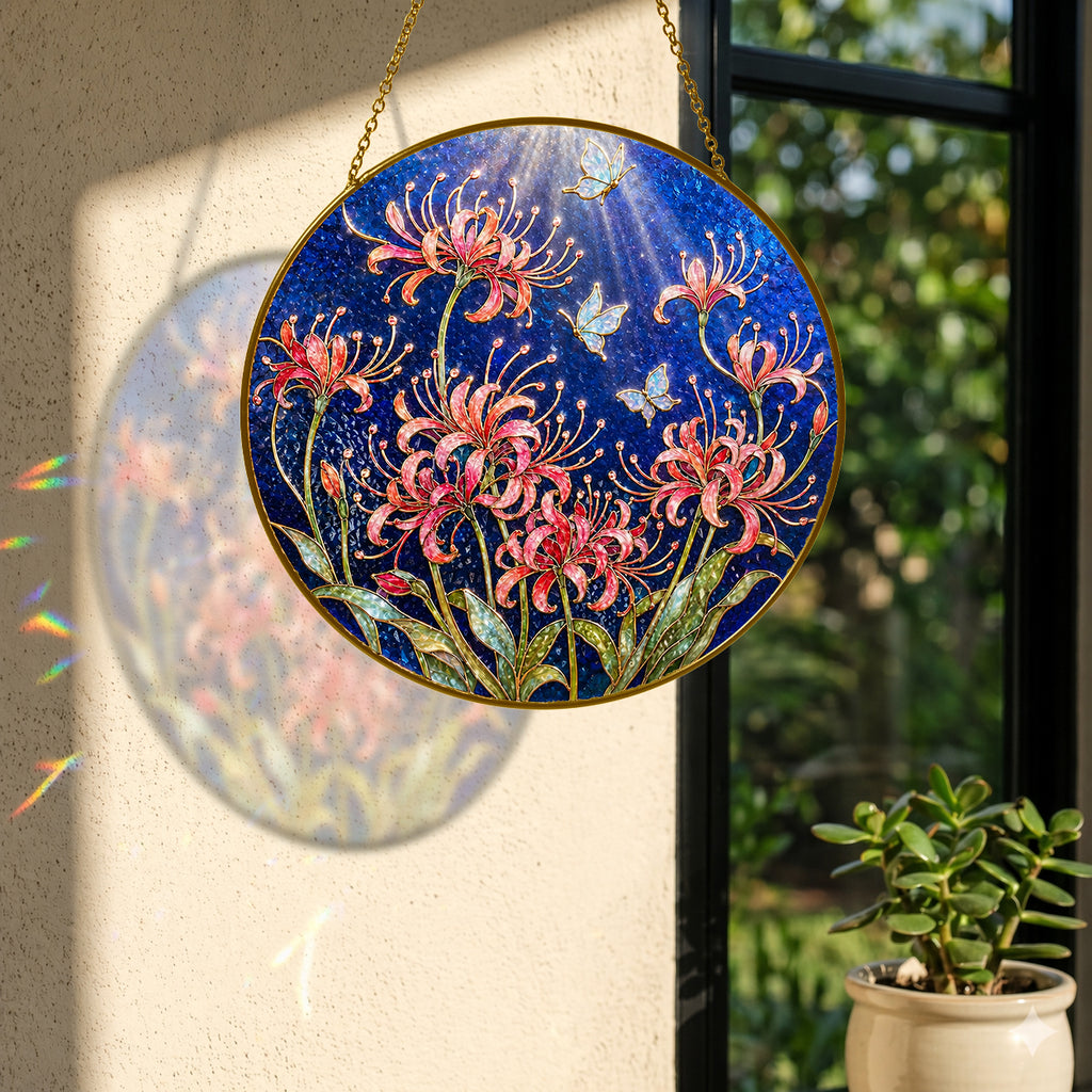 Spider lily butterfly suncatcher with colorful light reflection