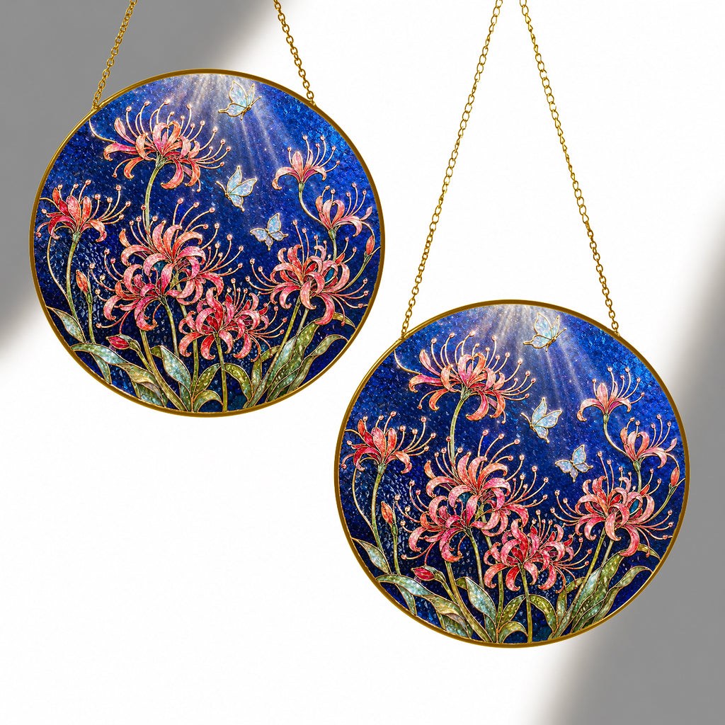 Spider lily butterfly suncatcher shown in two sizes