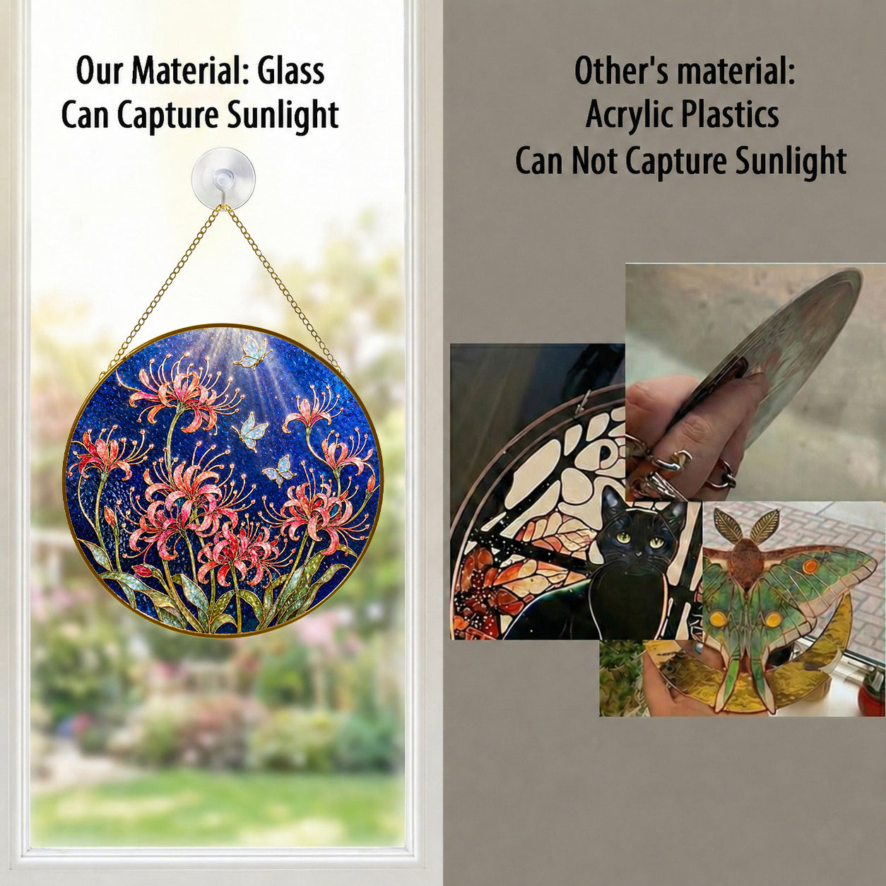 Real glass spider lily suncatcher compared with acrylic, glass captures sunlight