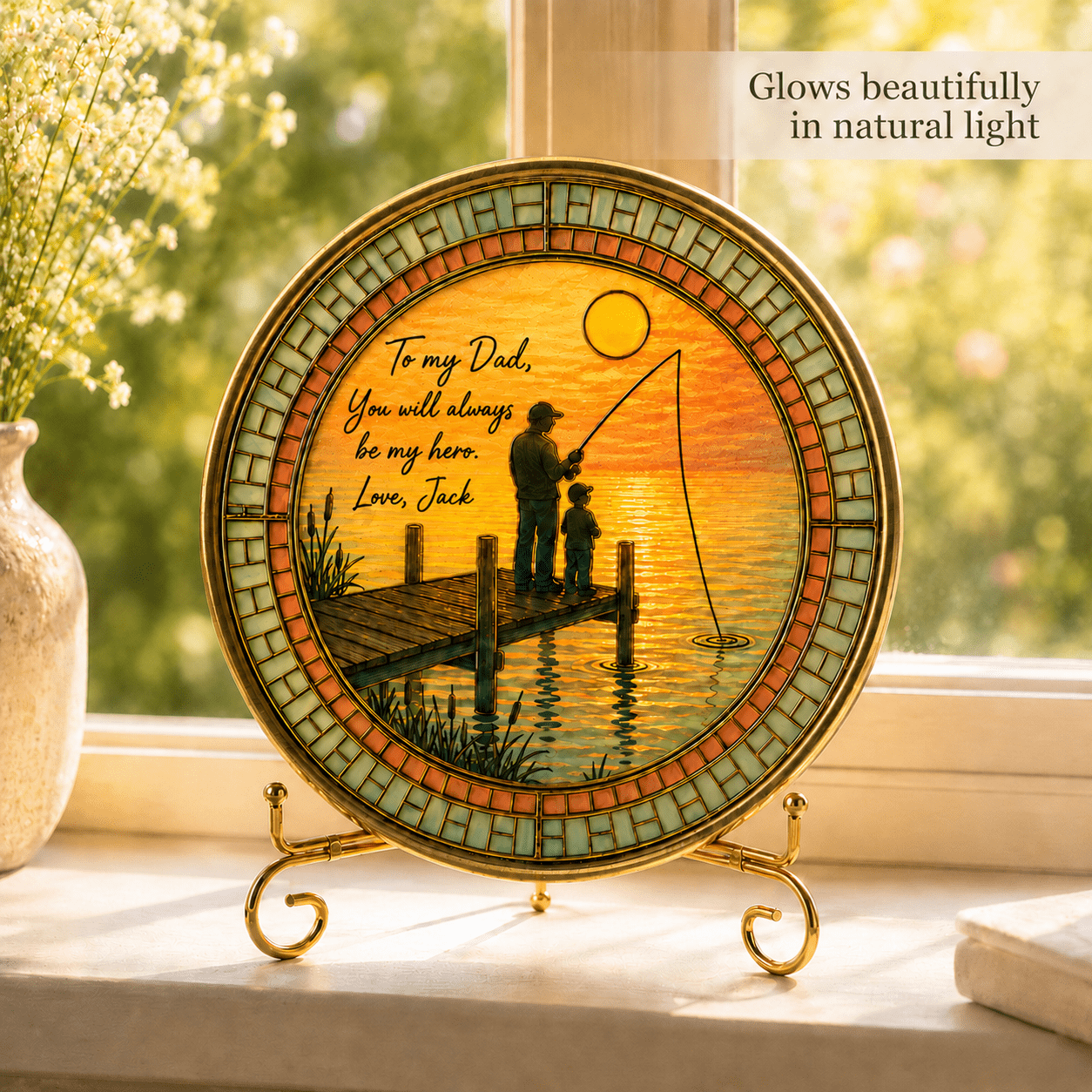 Personalized stained glass style fishing dad plaque glowing in natural light