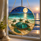 Decorative stained glass panel with turtles on a beach, hanging by a window.