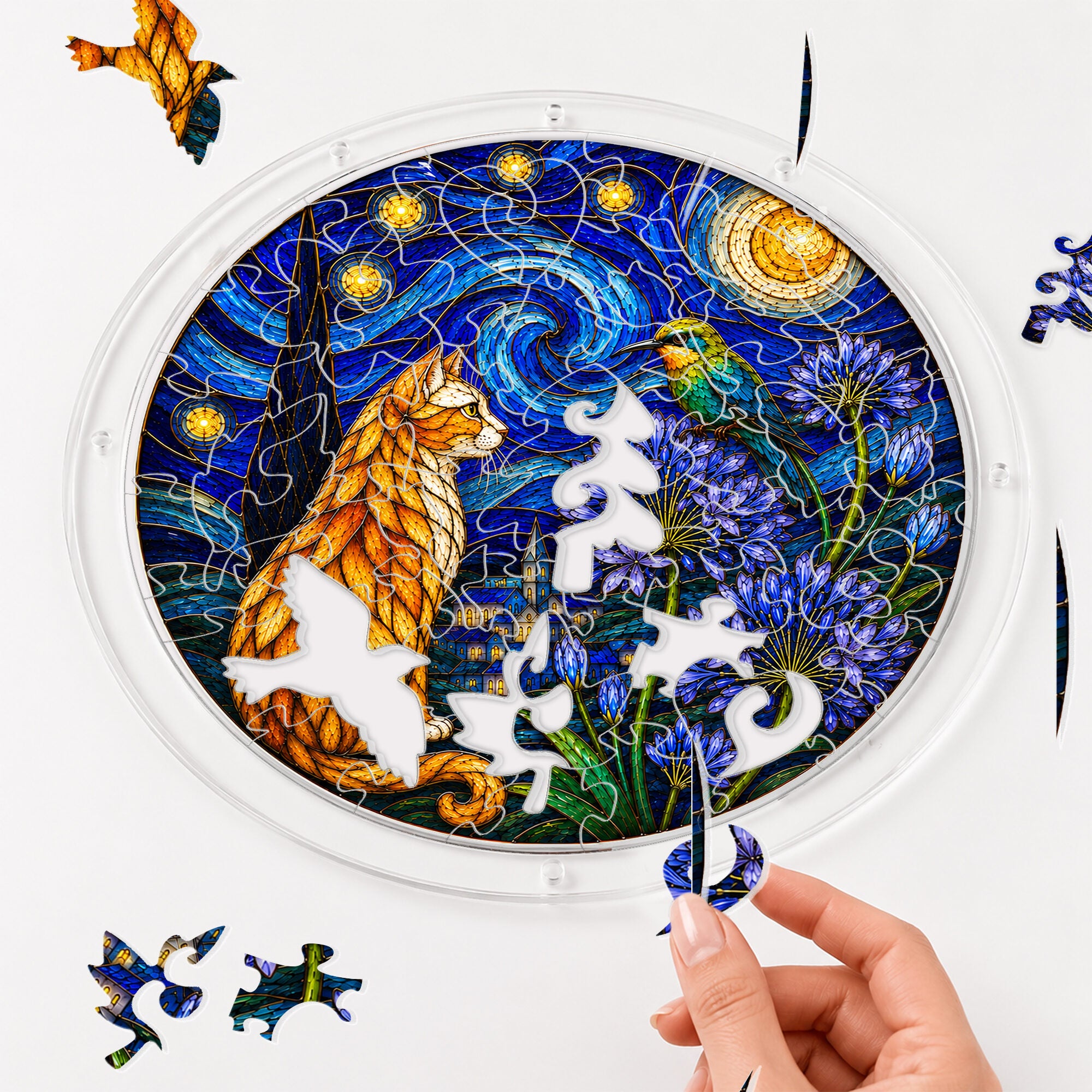 Starry night cat acrylic puzzle suncatcher, colorful DIY window decor