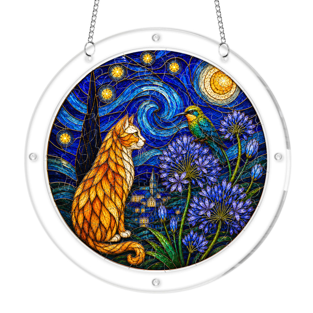 Starry night cat acrylic puzzle suncatcher, colorful DIY window decor
