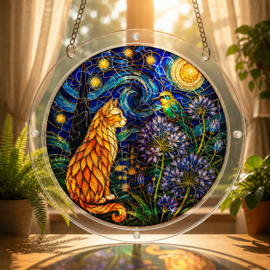 Starry night cat acrylic puzzle suncatcher, colorful DIY window decor