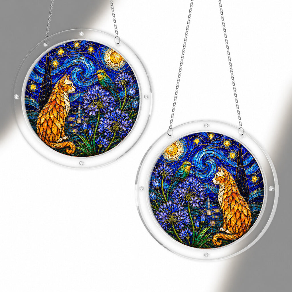 Starry night cat acrylic puzzle suncatcher, colorful DIY window decor