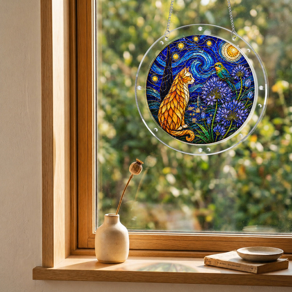 Starry night cat acrylic puzzle suncatcher, colorful DIY window decor