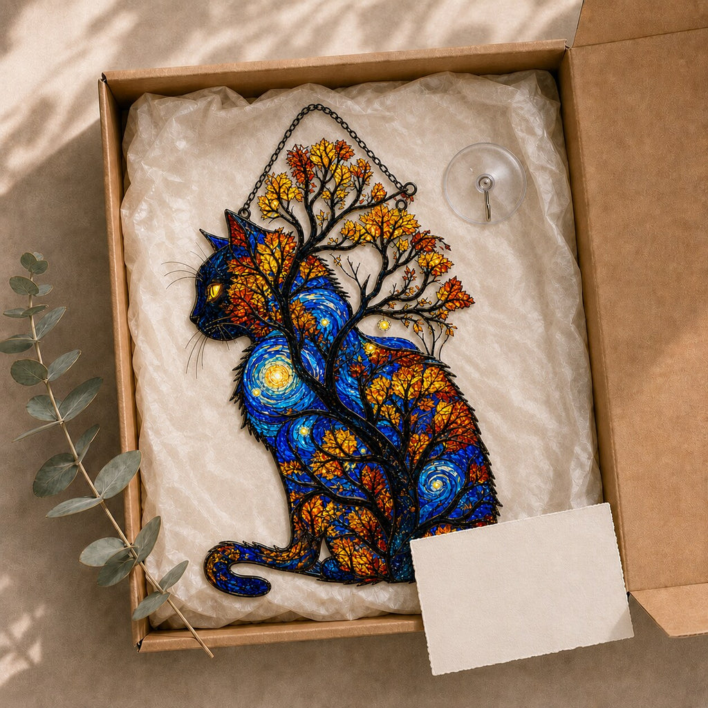 Starry Night Cat with Autumn Tree Holographic Acrylic Suncatcher