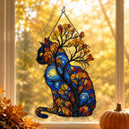 Starry Night Cat with Autumn Tree Holographic Acrylic Suncatcher