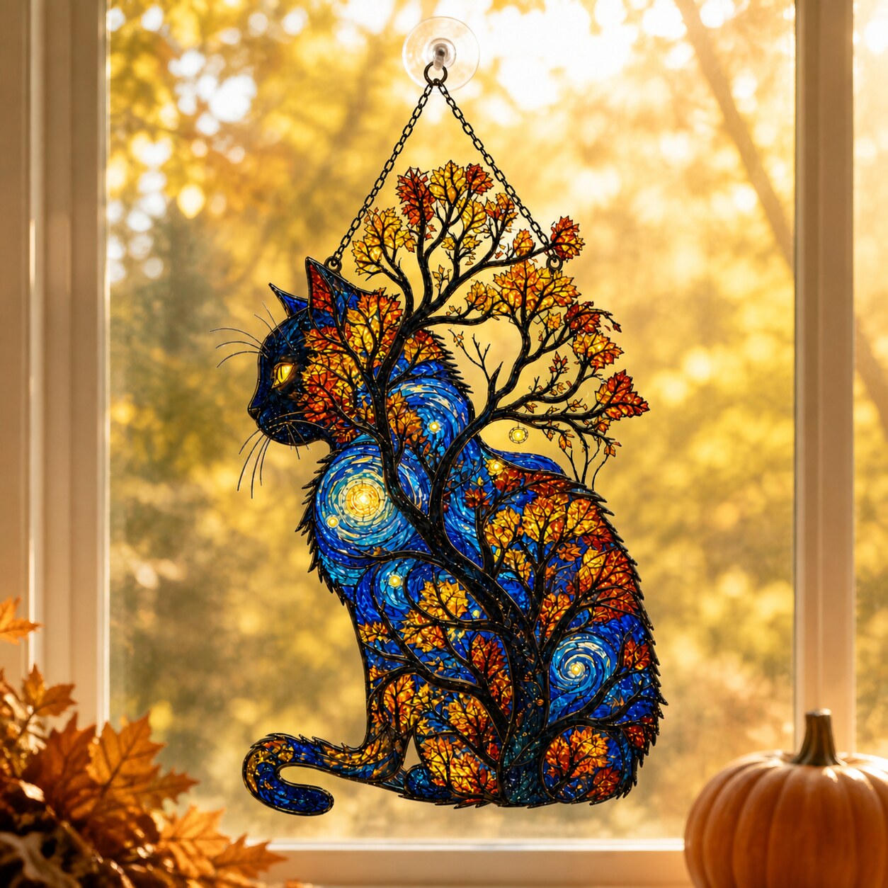 Starry Night Cat with Autumn Tree Holographic Acrylic Suncatcher